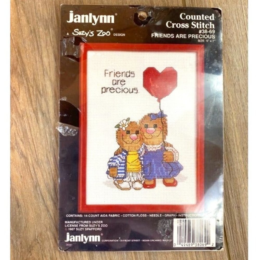 80s Suzy Zoo Friends Are Precious Counted Cross Stitch Kit w/ Frame Janlynn